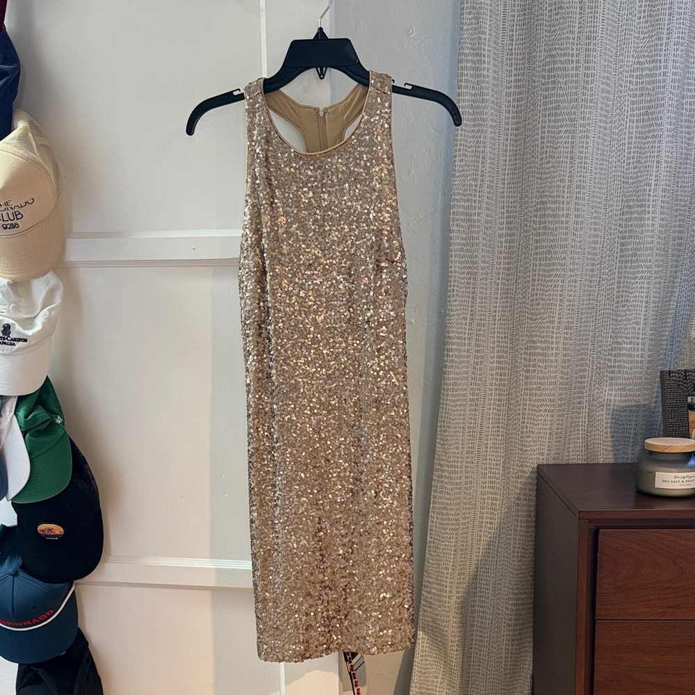 Badgley Mischka Gold Sequin T Back Dress